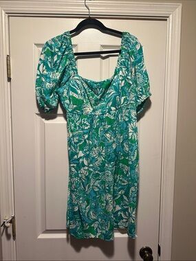 Lilly Pulitzer Green and White Floral Puff-Sleeve Mini Dress